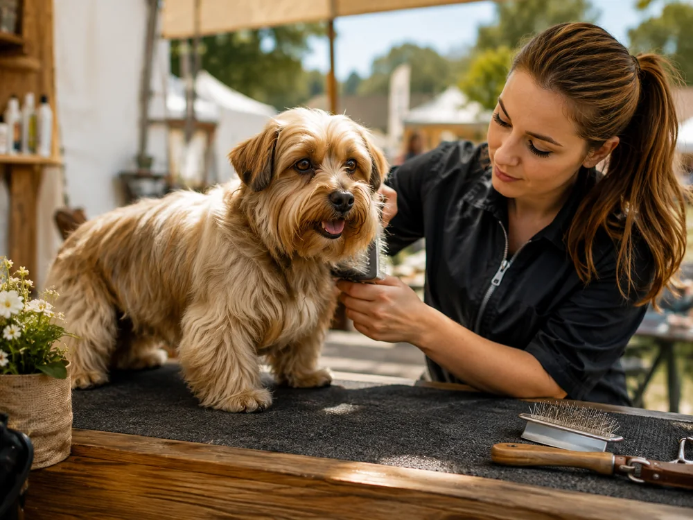 Hundefriseurin bei einer Vorführung mit Hund